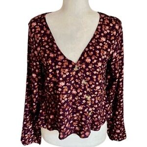 Arizona Jean Burgundy Floral Print Long Sleeve Crop Top Size M